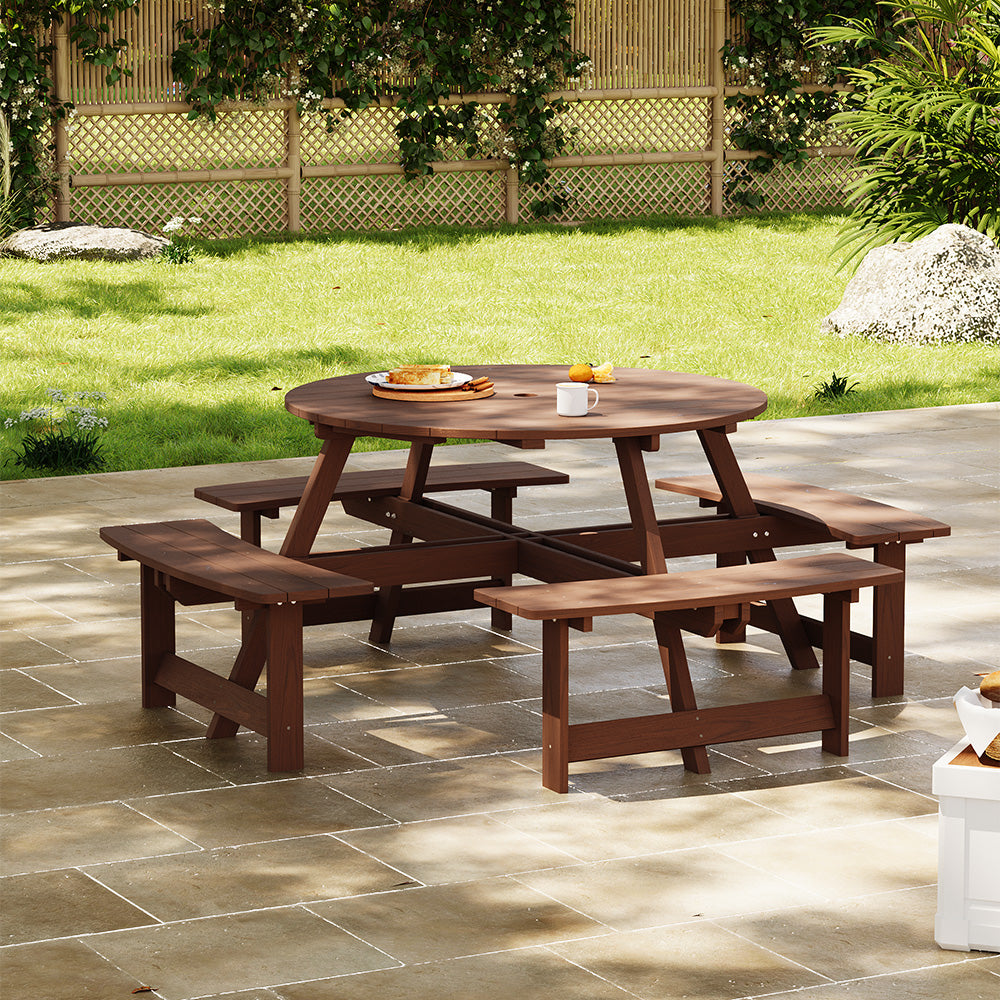8-Person Round Wood Picnic Table and Bench Set – Outdoor Garden Dining Furniture