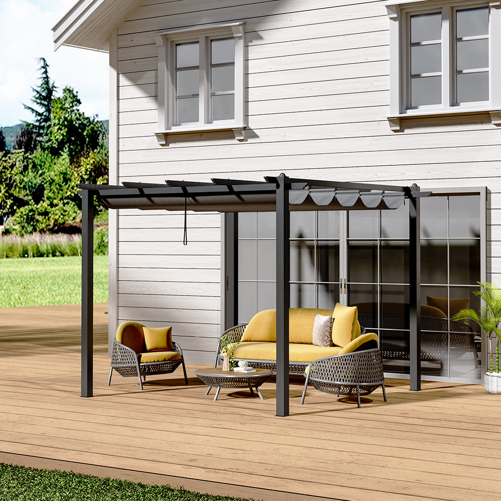 Stylish 3m Black Aluminum Pergola with Canopy Installed on Patio – Ideal for Garden Entertaining