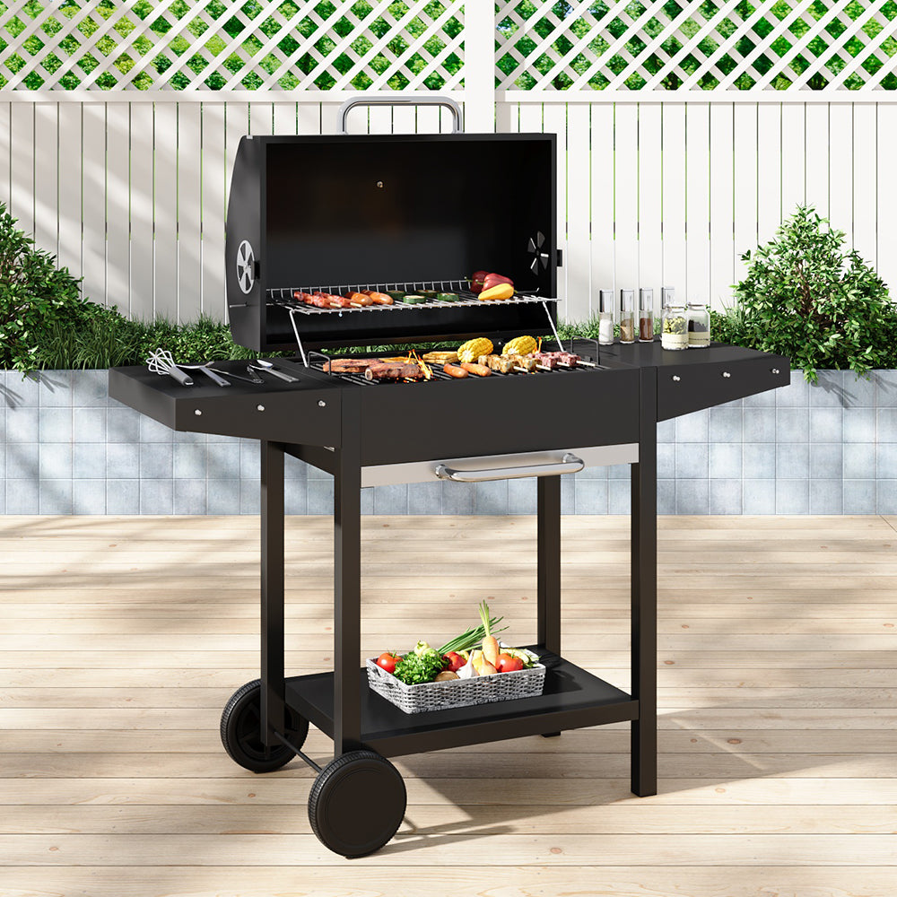 Black Outdoor Garden Charcoal Grill with Dual Side Tables and Wheels