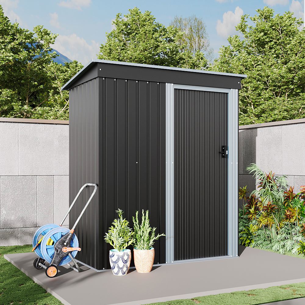 6x3ft charcoal black metal garden shed – sleek outdoor storage unit with lockable door for tools and equipment