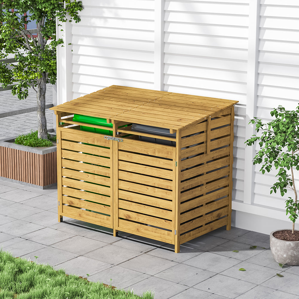 5x3ft wooden bin storage shed placed neatly against garden fence, closed for tidy outdoor appearance