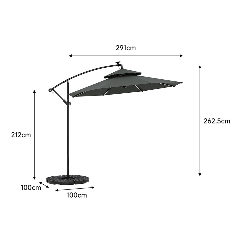 Octagon Double-Top Lighted Cantilever Parasol Umbrella with Base