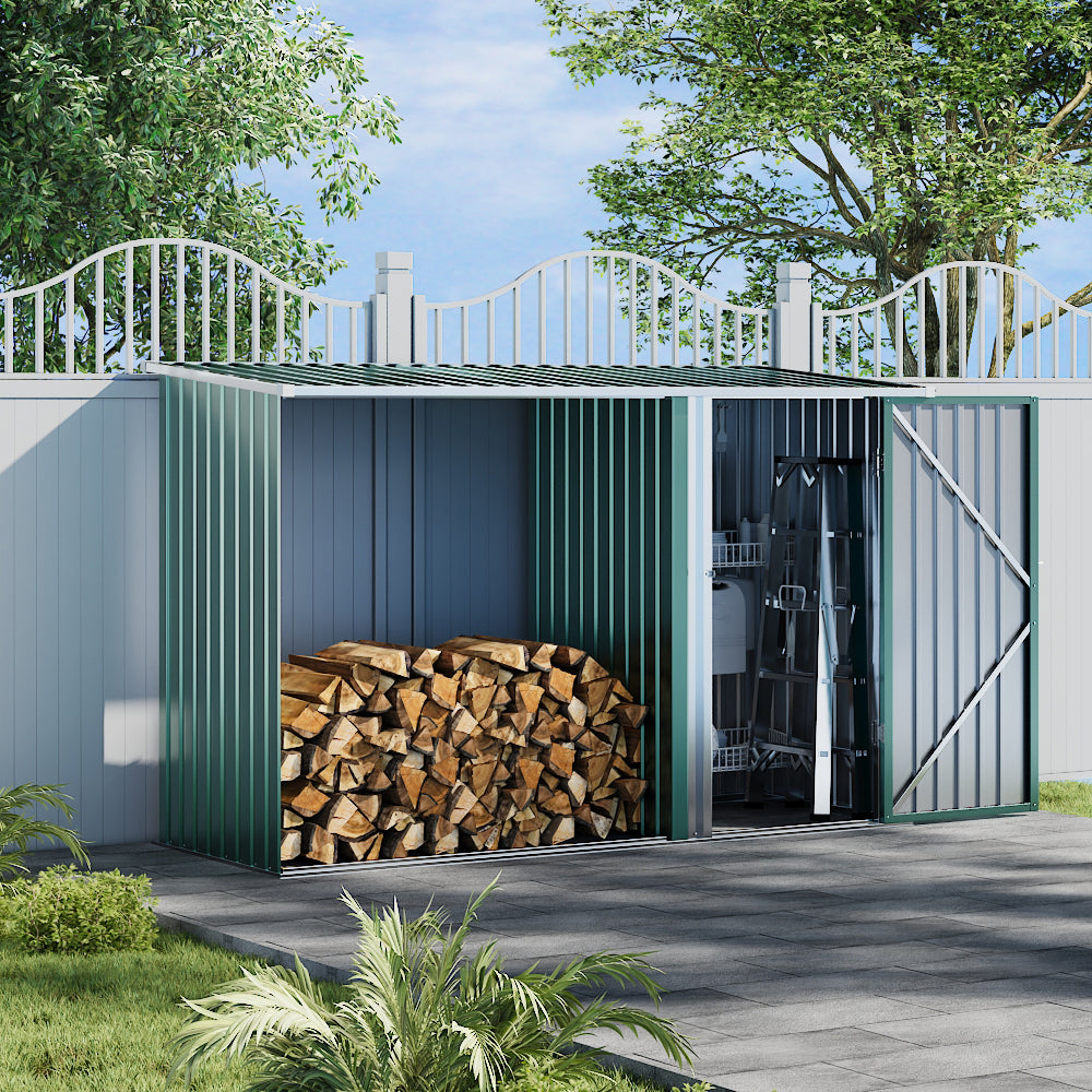 8x3ft Black/Green Outdoor Storage Metal Lean Firewood Log Shed