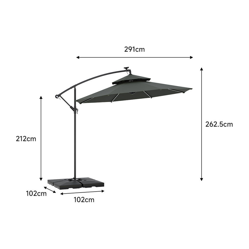 Octagon Double-Top Lighted Cantilever Parasol Umbrella with Base