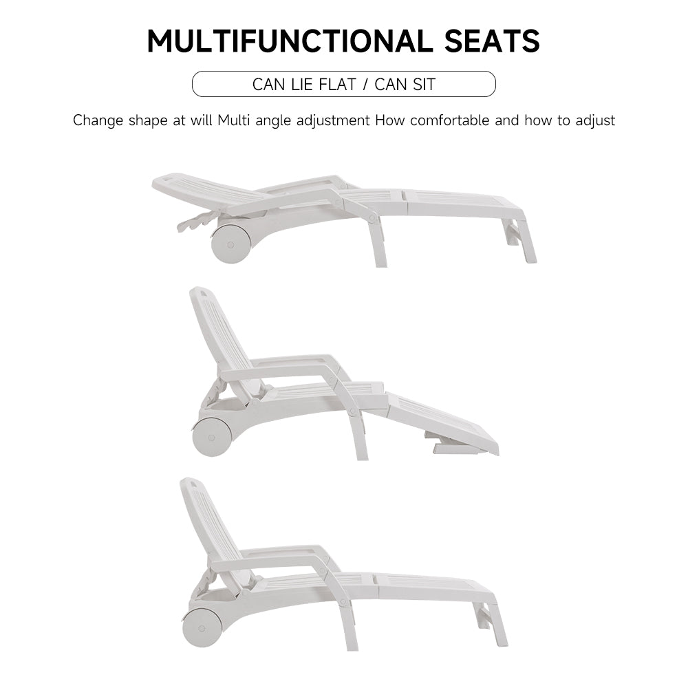 White garden recliner showing 3 adjustable reclining positions – flat to upright