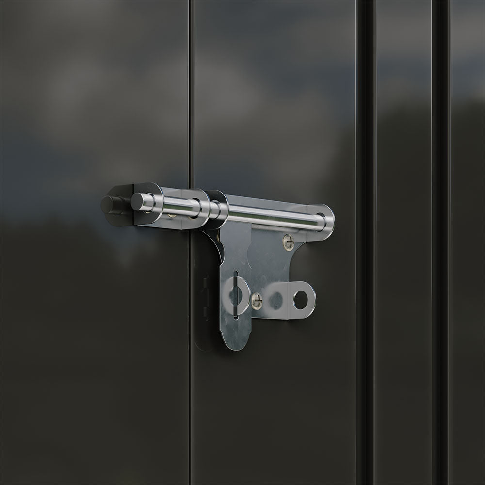 Lockable latch detail on grey garden tool shed – secure design for protecting outdoor equipment