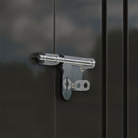 Lockable latch detail on grey garden tool shed – secure design for protecting outdoor equipment