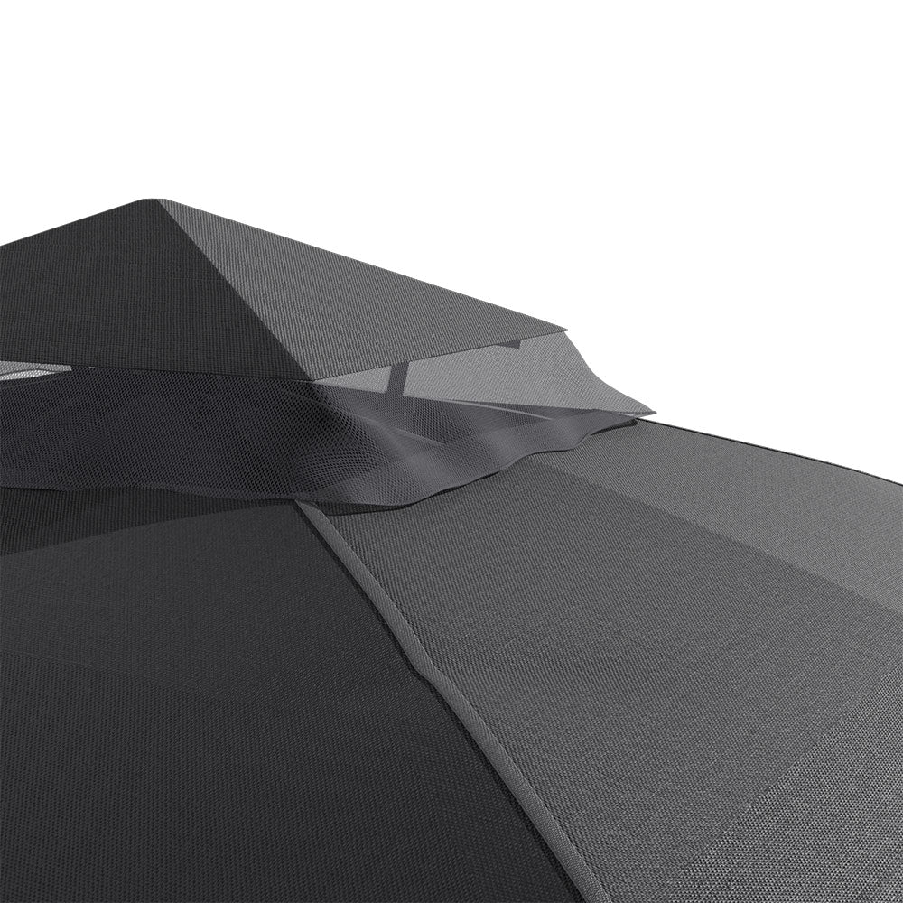 Close-up of gazebo roof structure – dark grey canopy fabric and steel support details