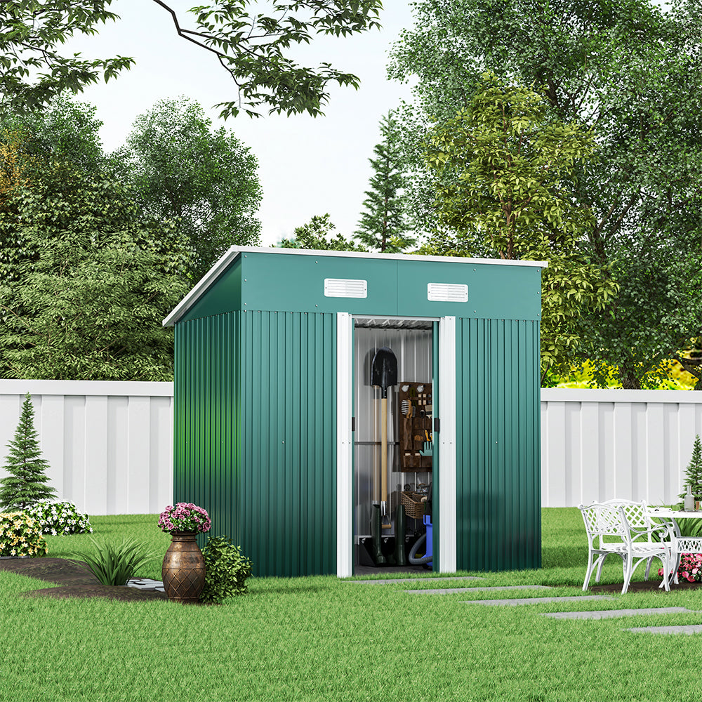 6x4ft Metal Garden Storage Shed with Pent Roof & Sliding Door