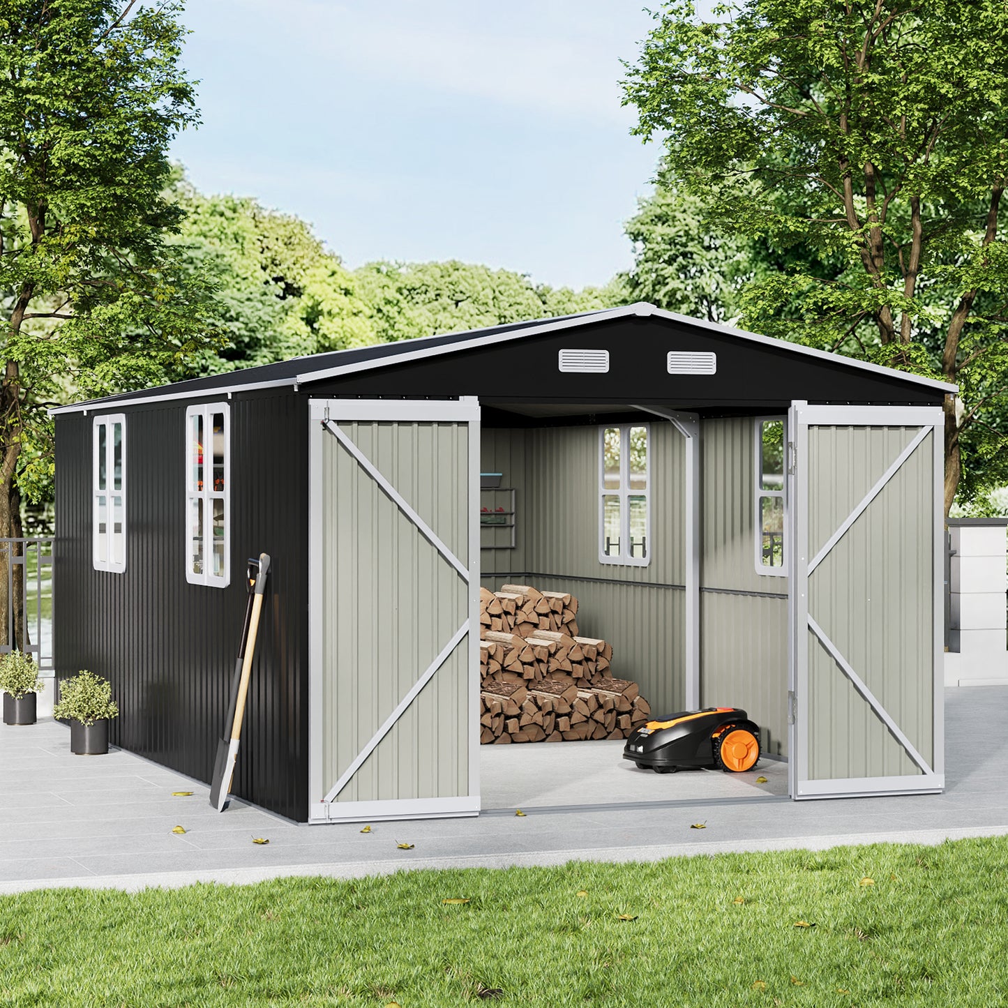 10ft Metal Garden Storage Shed with Apex Roof & Double Doors