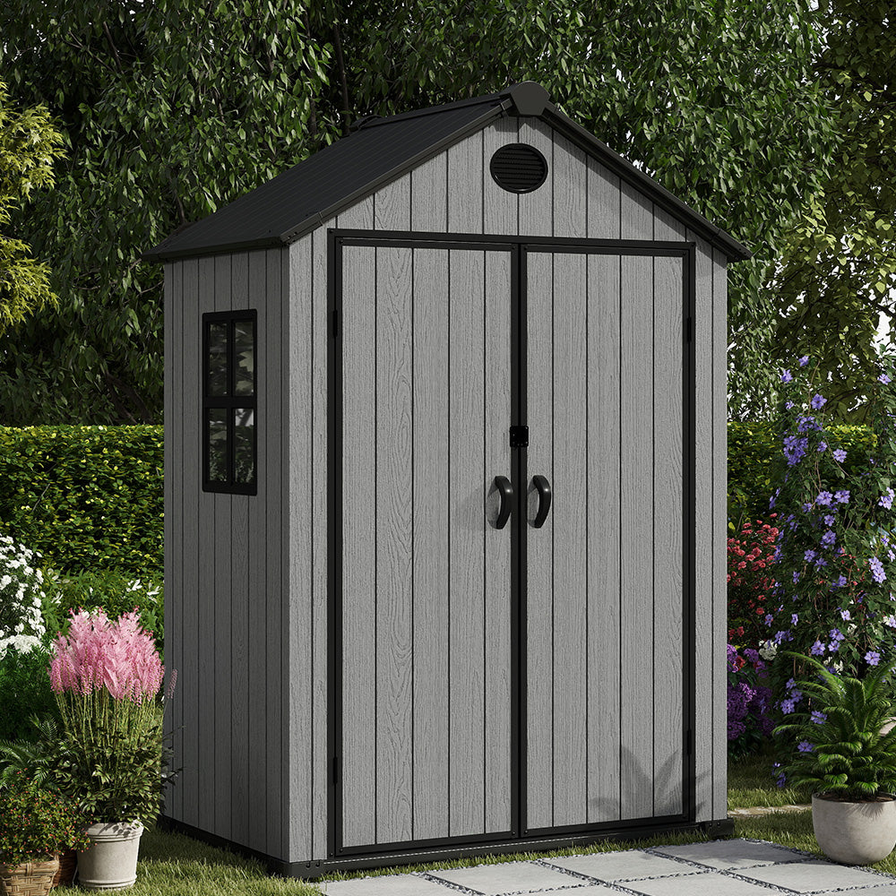 6ft Grey Wood Grain Tool Shed with Apex Roof & Lockable Door