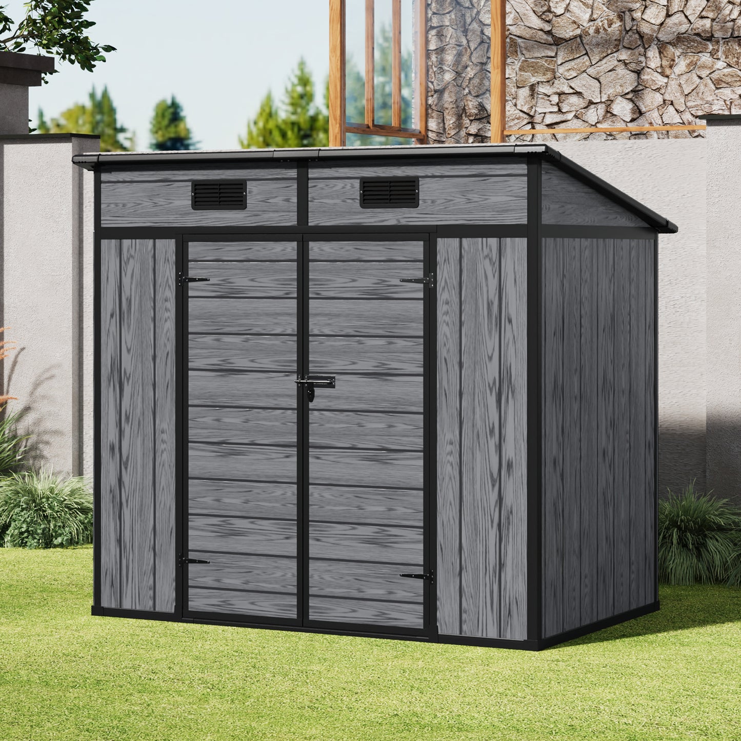 6/7x4ft Garden Storage Shed with Window Double Doors and Floor