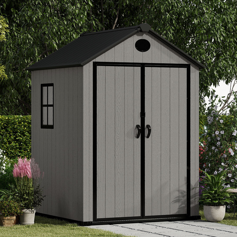 6ft Grey Wood Grain Tool Shed with Apex Roof & Lockable Door