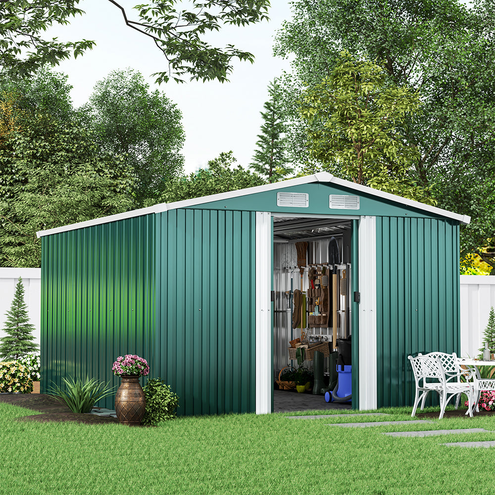 10x8ft Metal Garden Storage Shed with Apex Roof & Sliding Doors