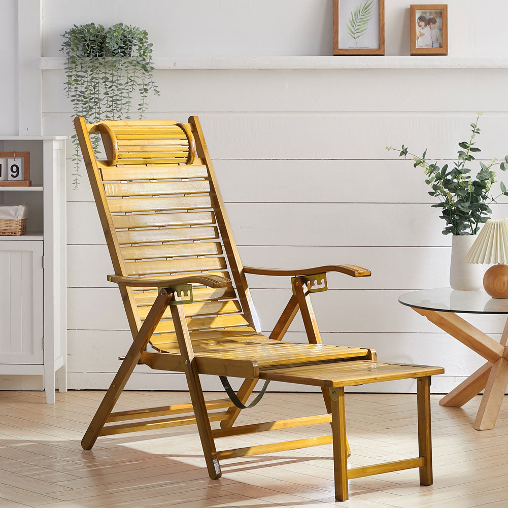 Garden Bamboo Foldable Recliner Lounge Chair with Retractable Footrest