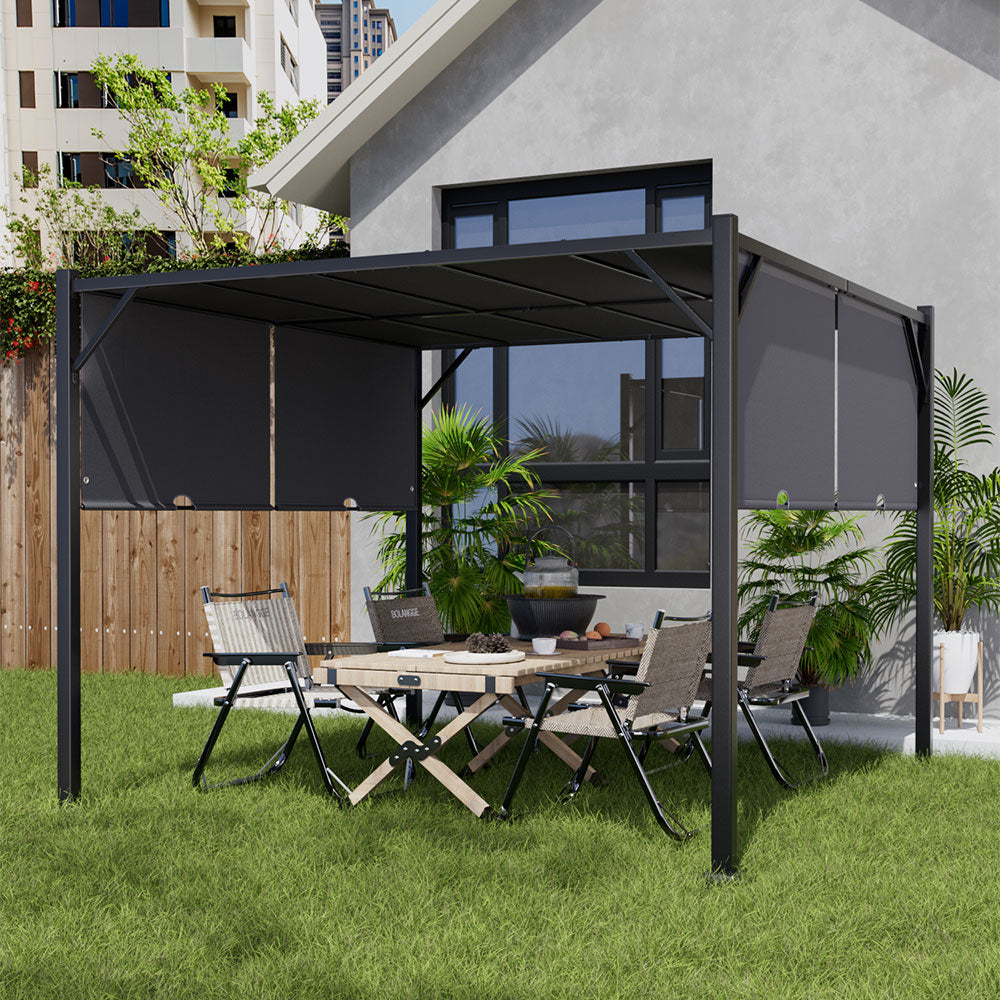 Dark Black Outdoor Retractable Steel Pergola with Canopy
