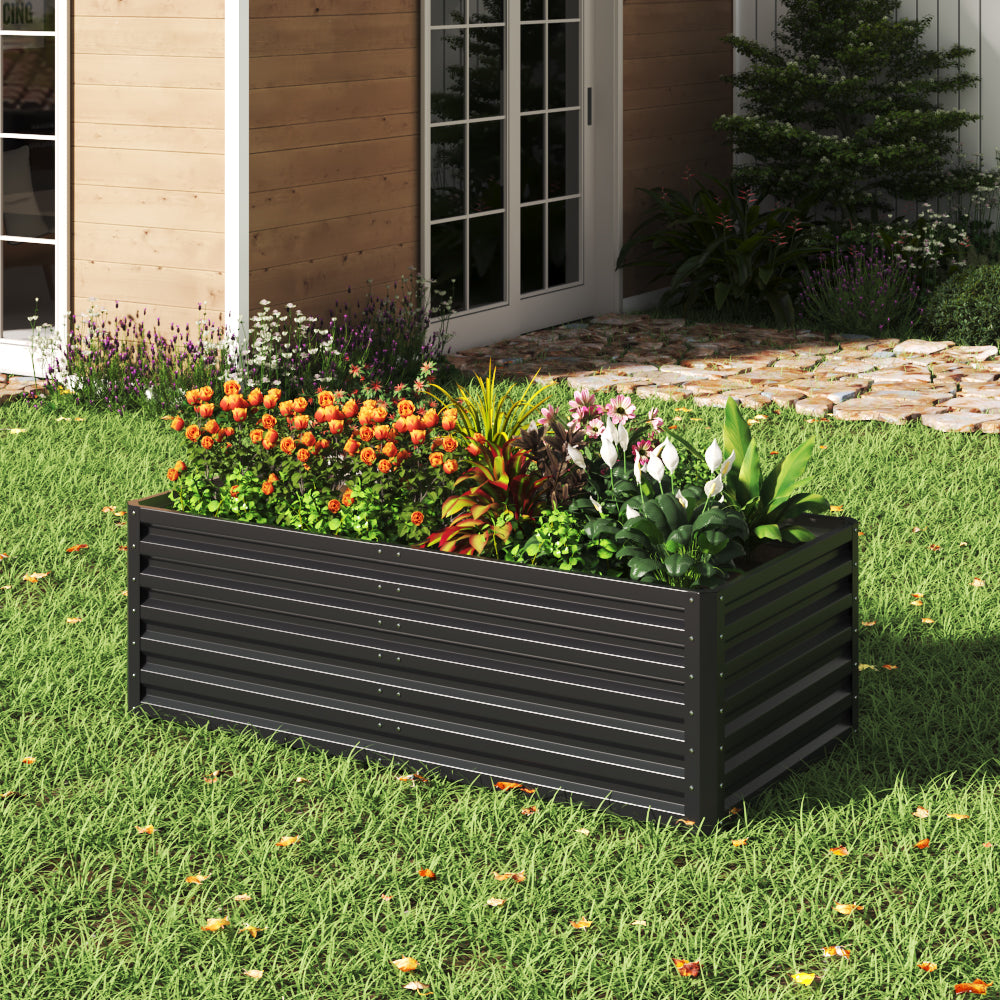 Galvanized steel raised garden bed with plants – great for backyard landscaping and garden design