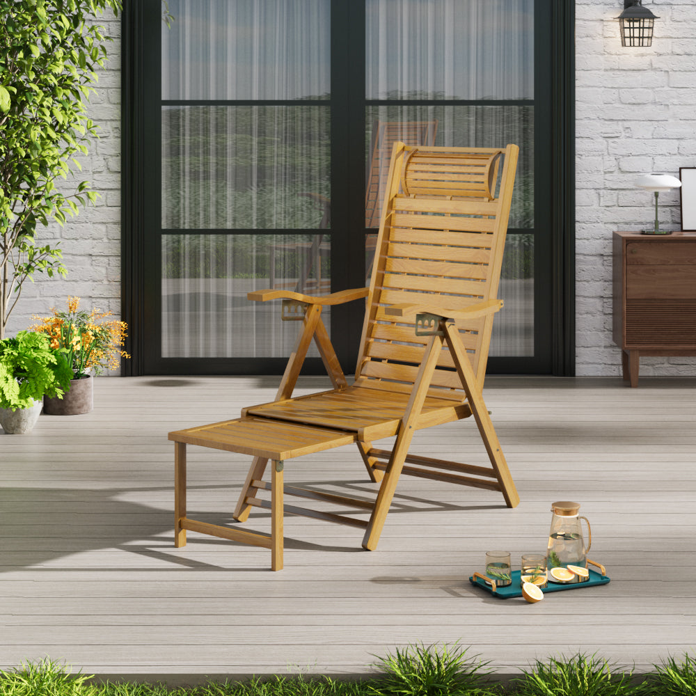 Garden Bamboo Foldable Recliner Lounge Chair with Retractable Footrest