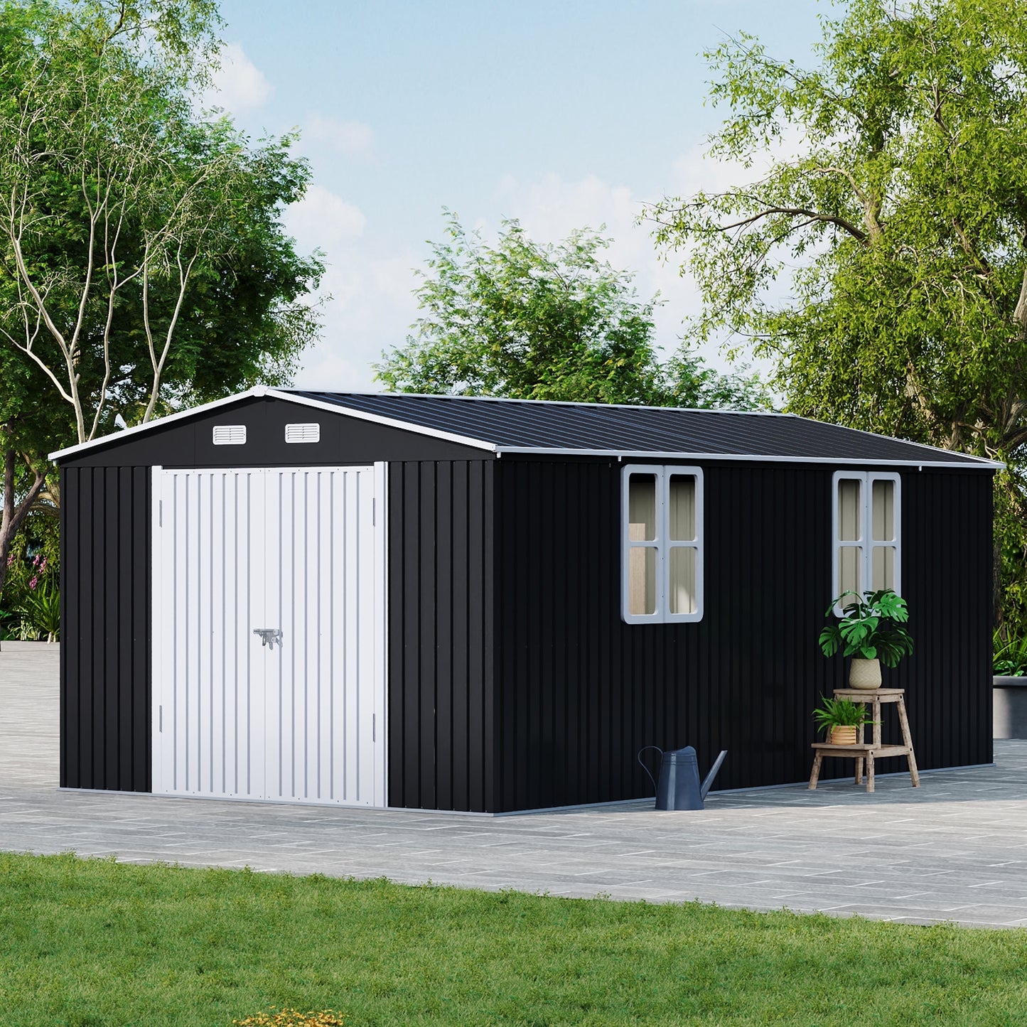 10ft Metal Garden Storage Shed with Apex Roof & Double Doors