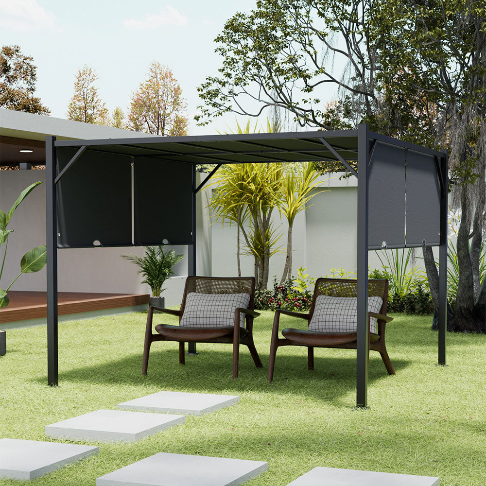 Dark Black Outdoor Retractable Steel Pergola with Canopy