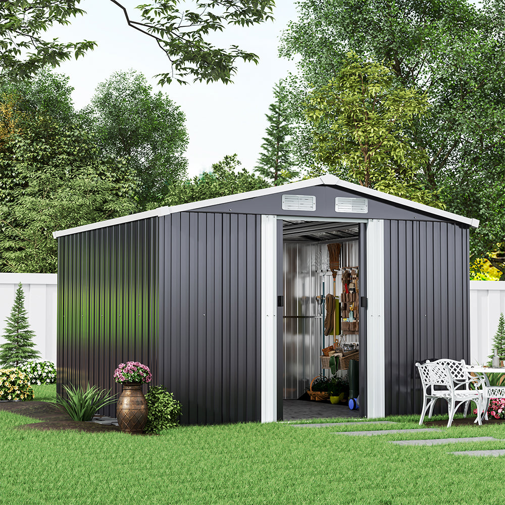 8x8ft Metal Garden Storage Shed with Apex Roof & Sliding Door