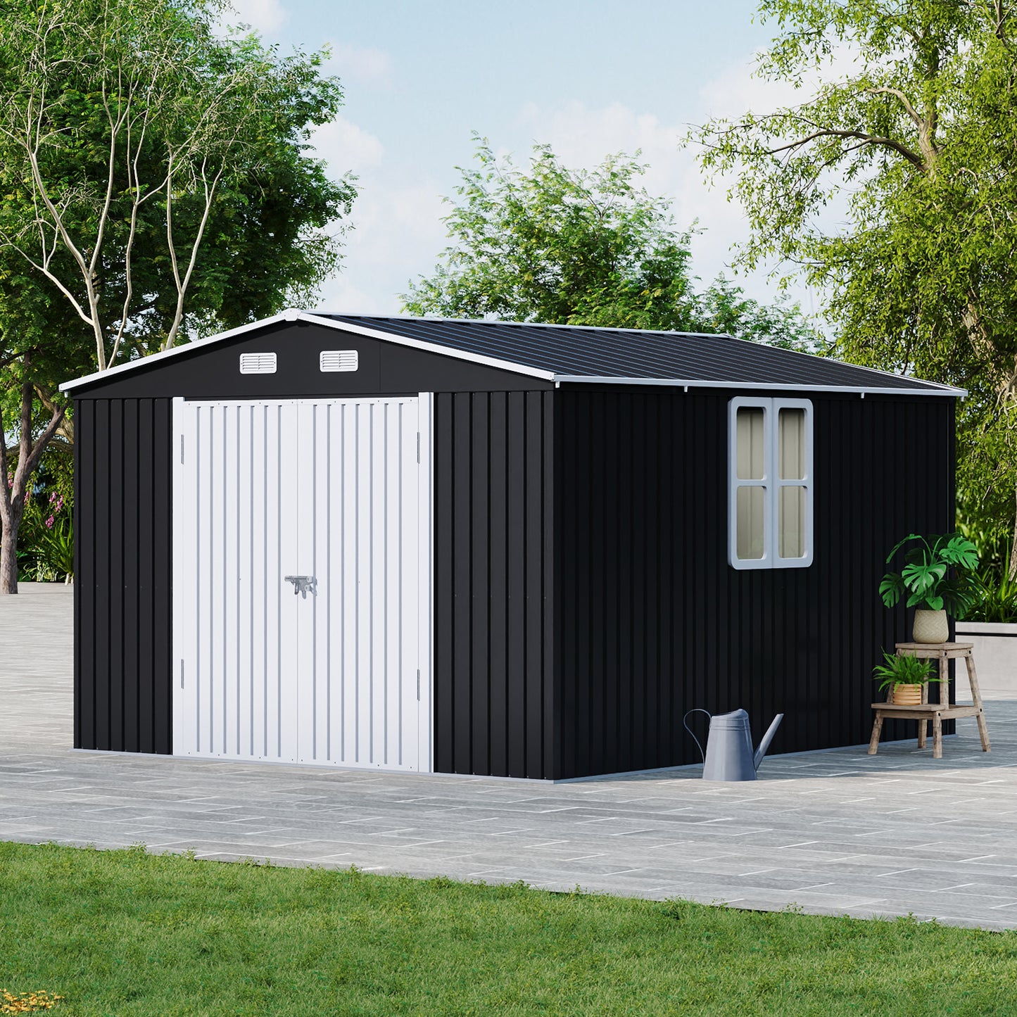 10ft Metal Garden Storage Shed with Apex Roof & Double Doors