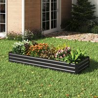 Rectangular galvanized steel planter box in backyard – ideal for flowers and plants in garden landscaping