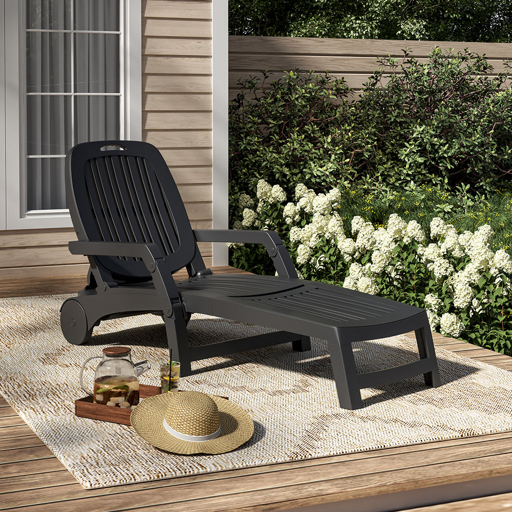 Black folding garden lounge chair recliner with wheels – adjustable outdoor seat