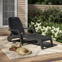Black folding garden lounge chair recliner with wheels – adjustable outdoor seat