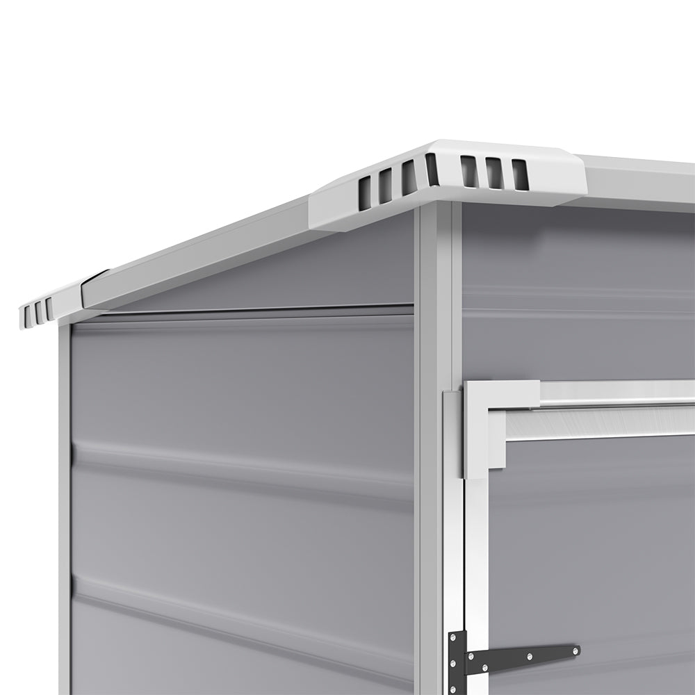 side view of sloped roof and vented panel on 5x3ft waterproof plastic shed for drainage and airflow