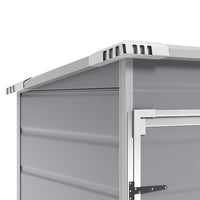 side view of sloped roof and vented panel on 5x3ft waterproof plastic shed for drainage and airflow