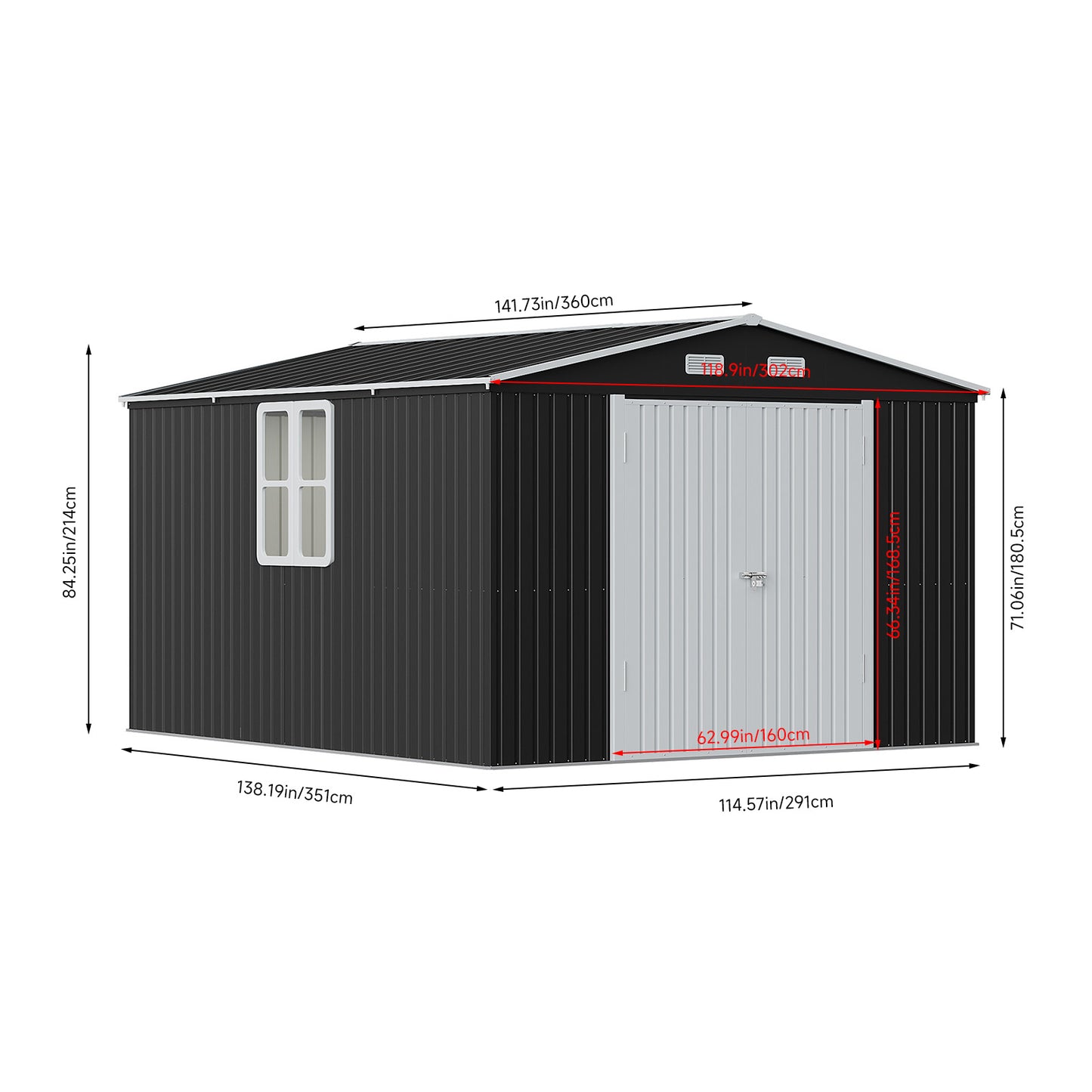 10ft Metal Garden Storage Shed with Apex Roof & Double Doors