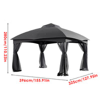 Outdoor dark grey gazebo shade canopy with labeled dimensions – top and side view