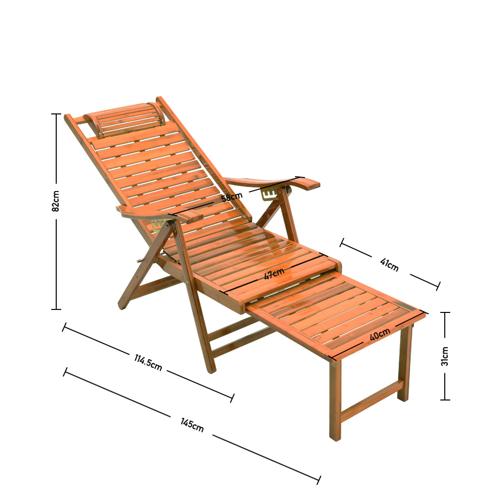 Garden Bamboo Foldable Recliner Lounge Chair with Retractable Footrest