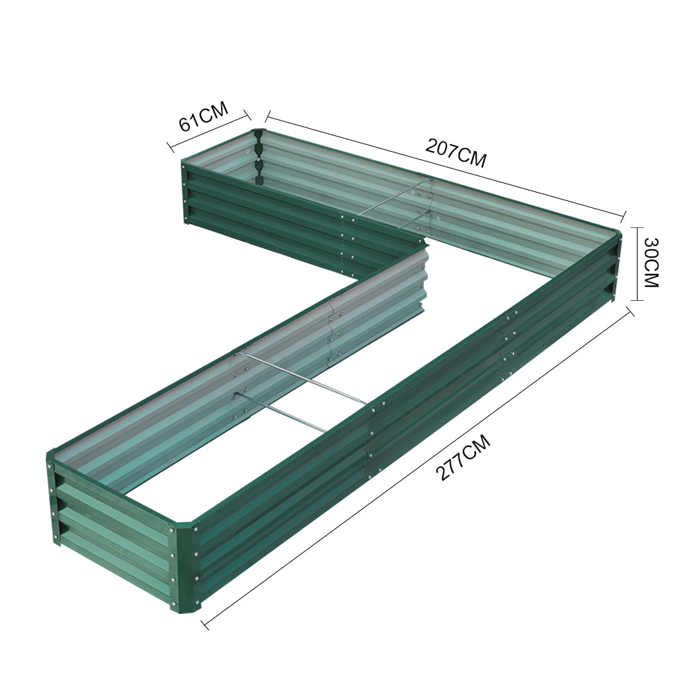 Dimensions of dark green L-shaped metal garden raised bed – full size specifications for gardening
