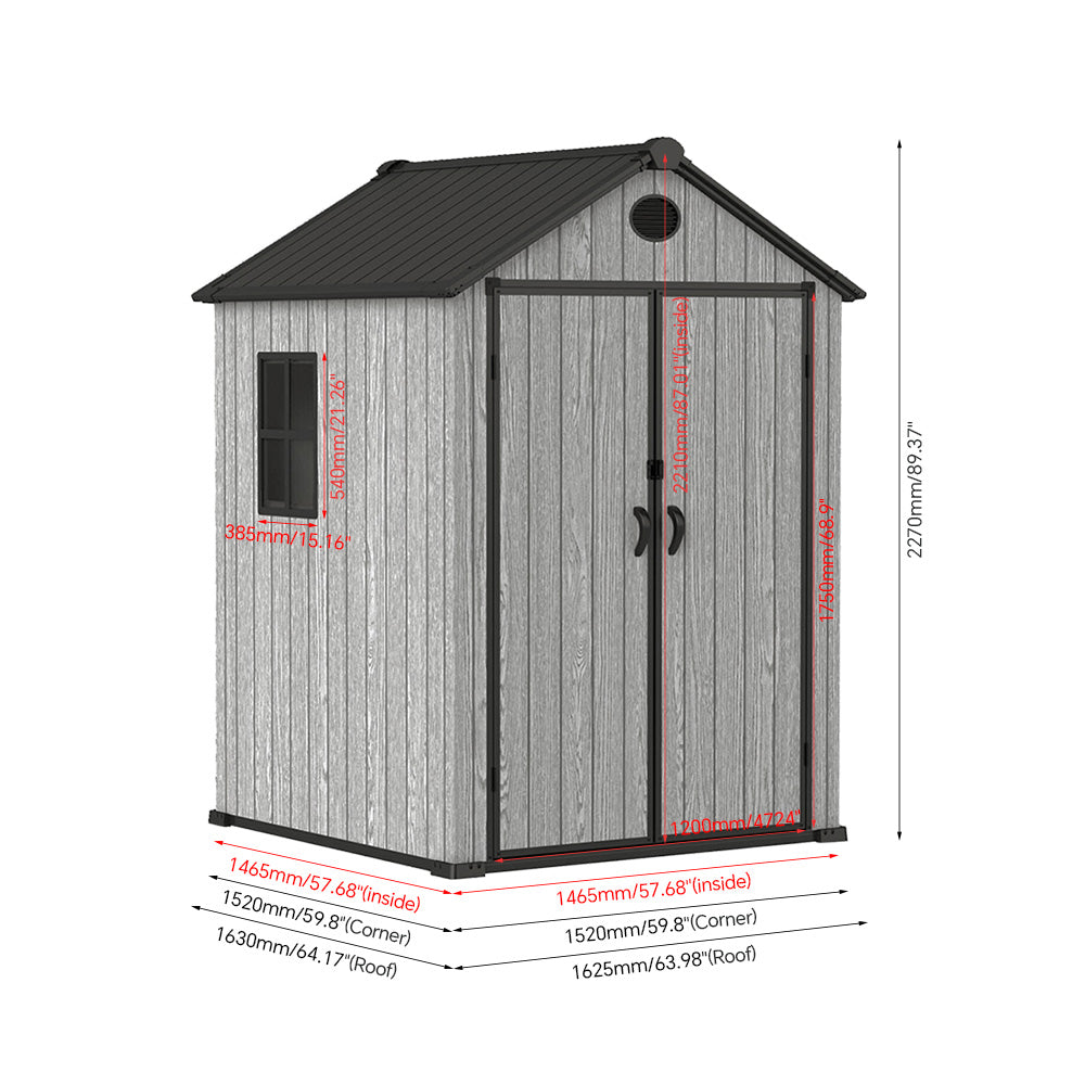 6ft Grey Wood Grain Tool Shed with Apex Roof & Lockable Door
