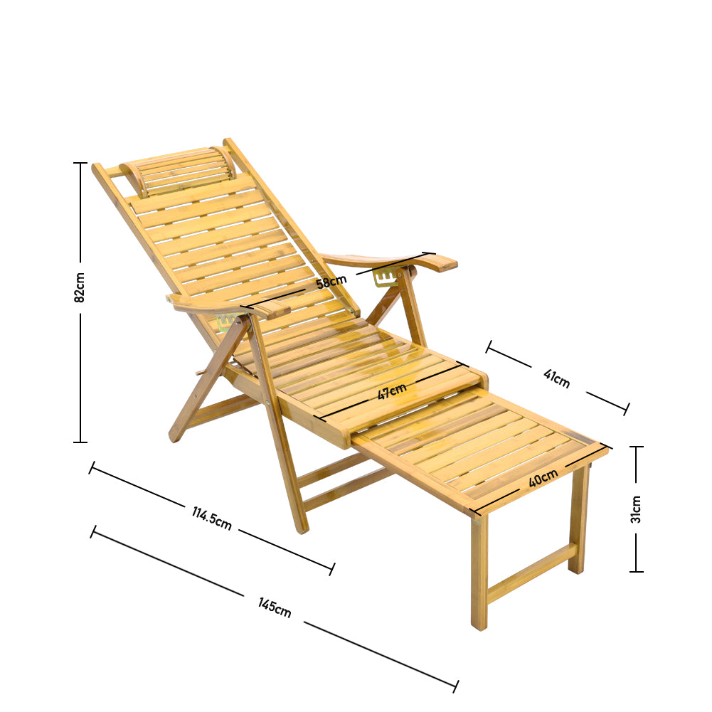 Garden Bamboo Foldable Recliner Lounge Chair with Retractable Footrest