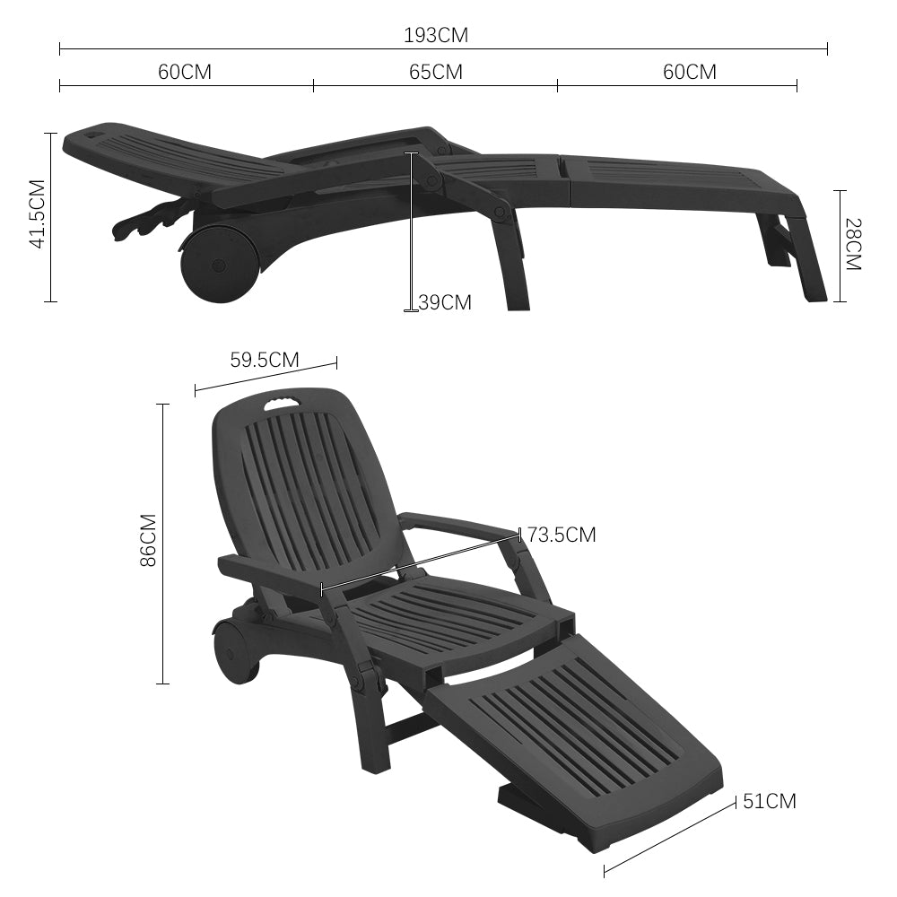 Size chart of black folding recliner chair with wheels – detailed measurements