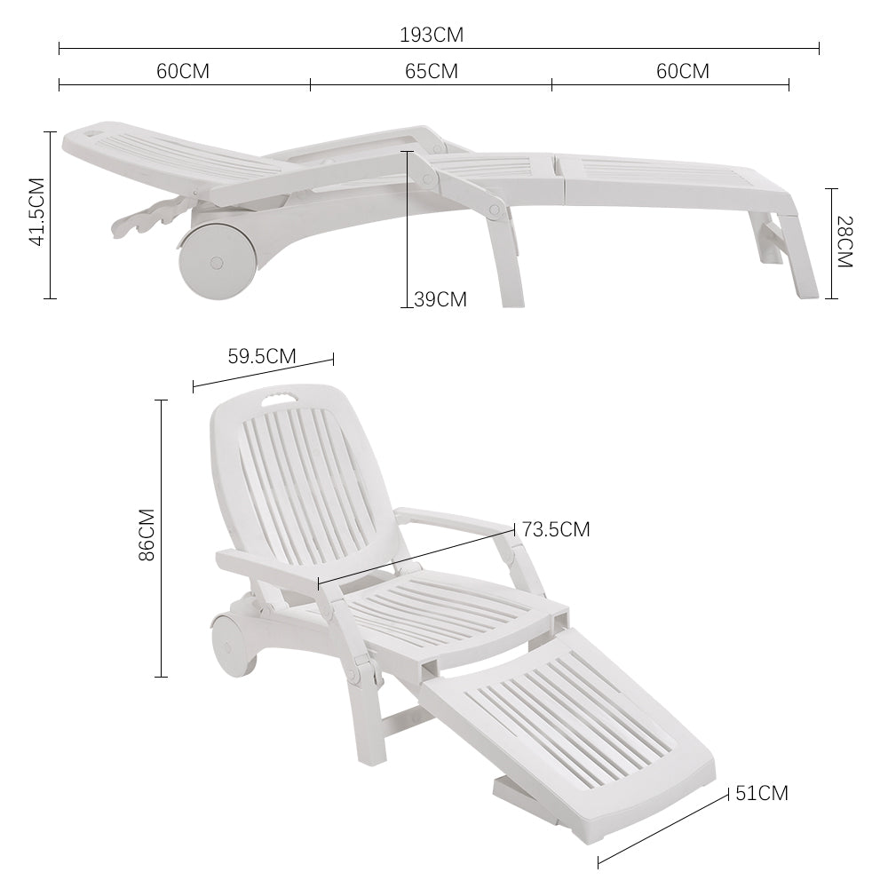 Dimensions of white folding lounge recliner with wheels – full measurement diagram