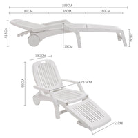 Dimensions of white folding lounge recliner with wheels – full measurement diagram