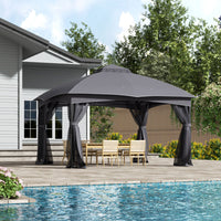 Modern outdoor dark grey gazebo with canopy set up on patio – lifestyle garden scene