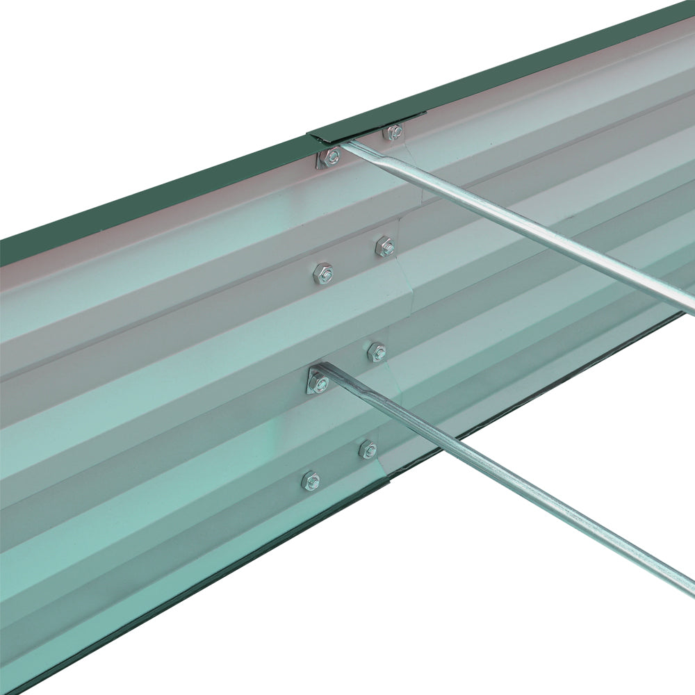 Close-up of internal side view of dark green L-shaped raised garden bed – strong metal frame construction