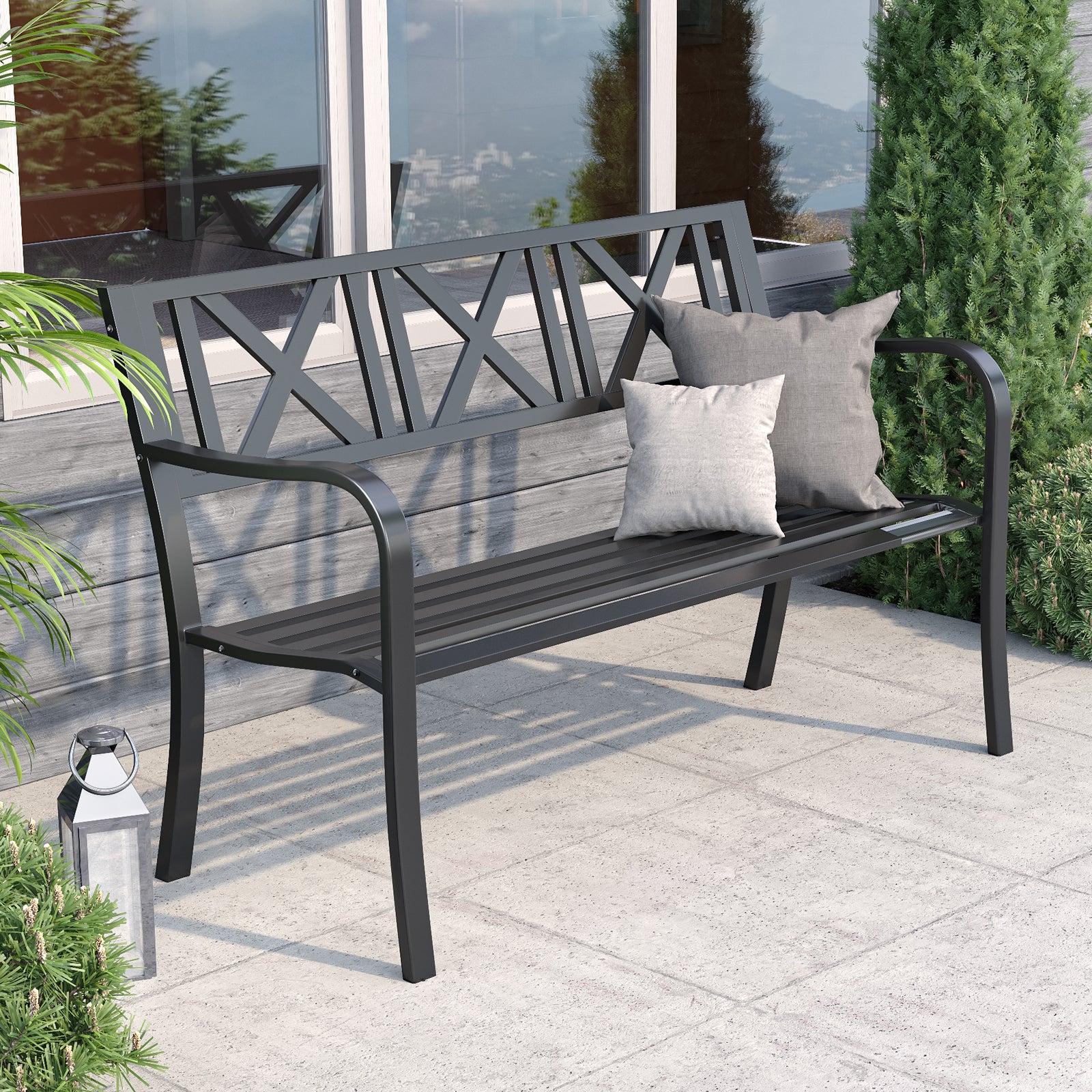 Garden Bench Black Cast Iron Long Chair 2 Seater Outdoor Leisure Loveseat