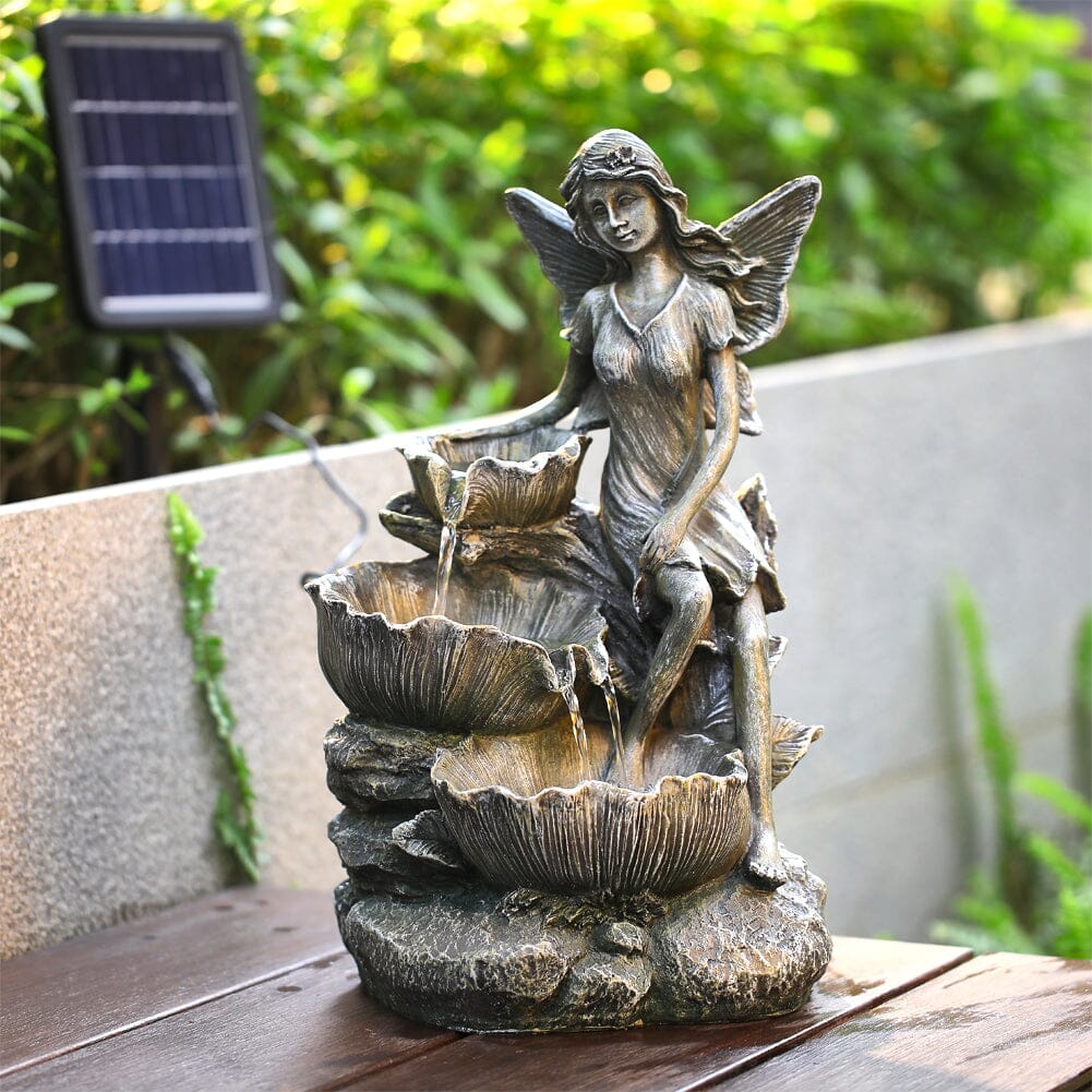 Fairy Solar Resin Water Fountain with LED Lights Fountains Living and Home 