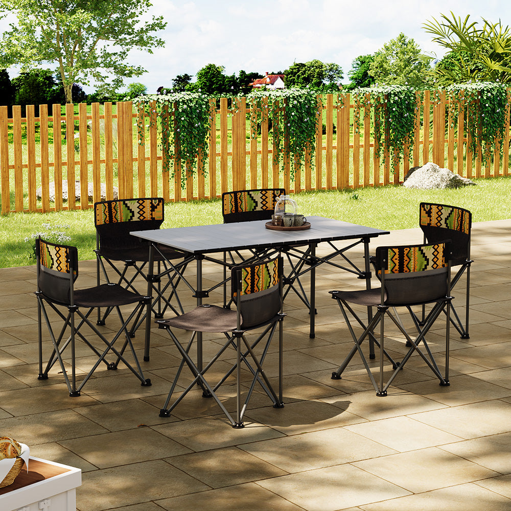 Brown Aluminum Folding Camping Table Set with 6 Chairs
