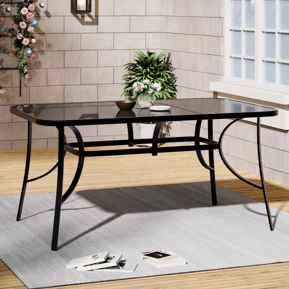 Outdoor Rectangular Garden Dining Table with Umbrella Hole Black