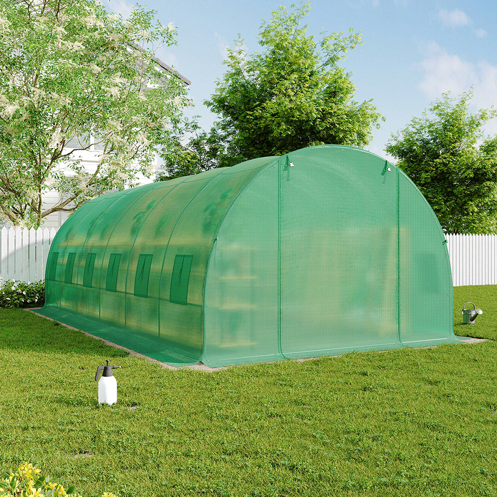 Metal Framed Walk-in Greenhouse with Zipper Door and Windows Green