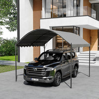 dark grey arched metal pergola with canopy installed over outdoor garden lounge area