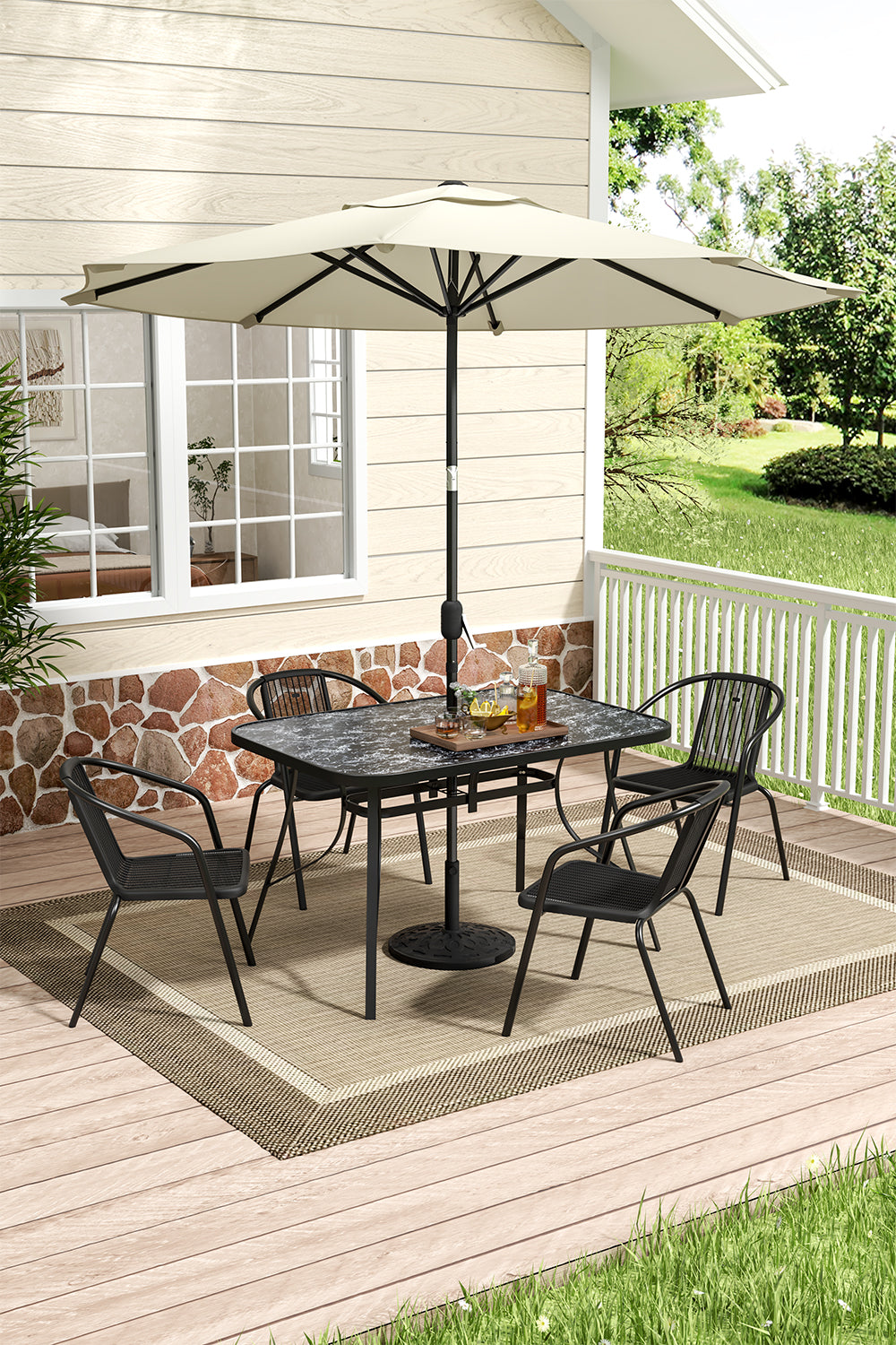 Garden Tempered Glass Black Marble Coffee Table  with Parasol Hole