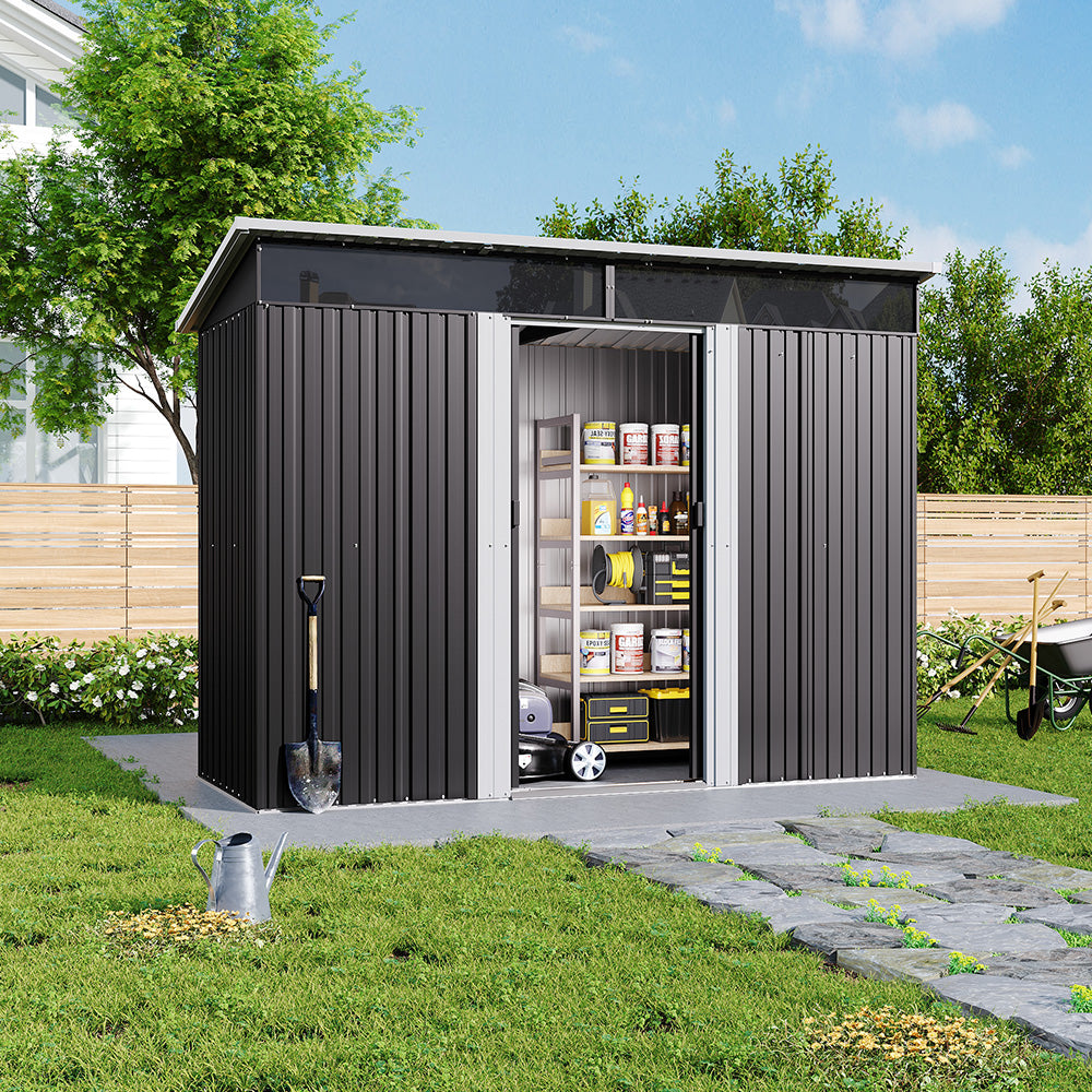 8.6' Garden Storage Metal Bike Shed with Lockable Sliding Doors